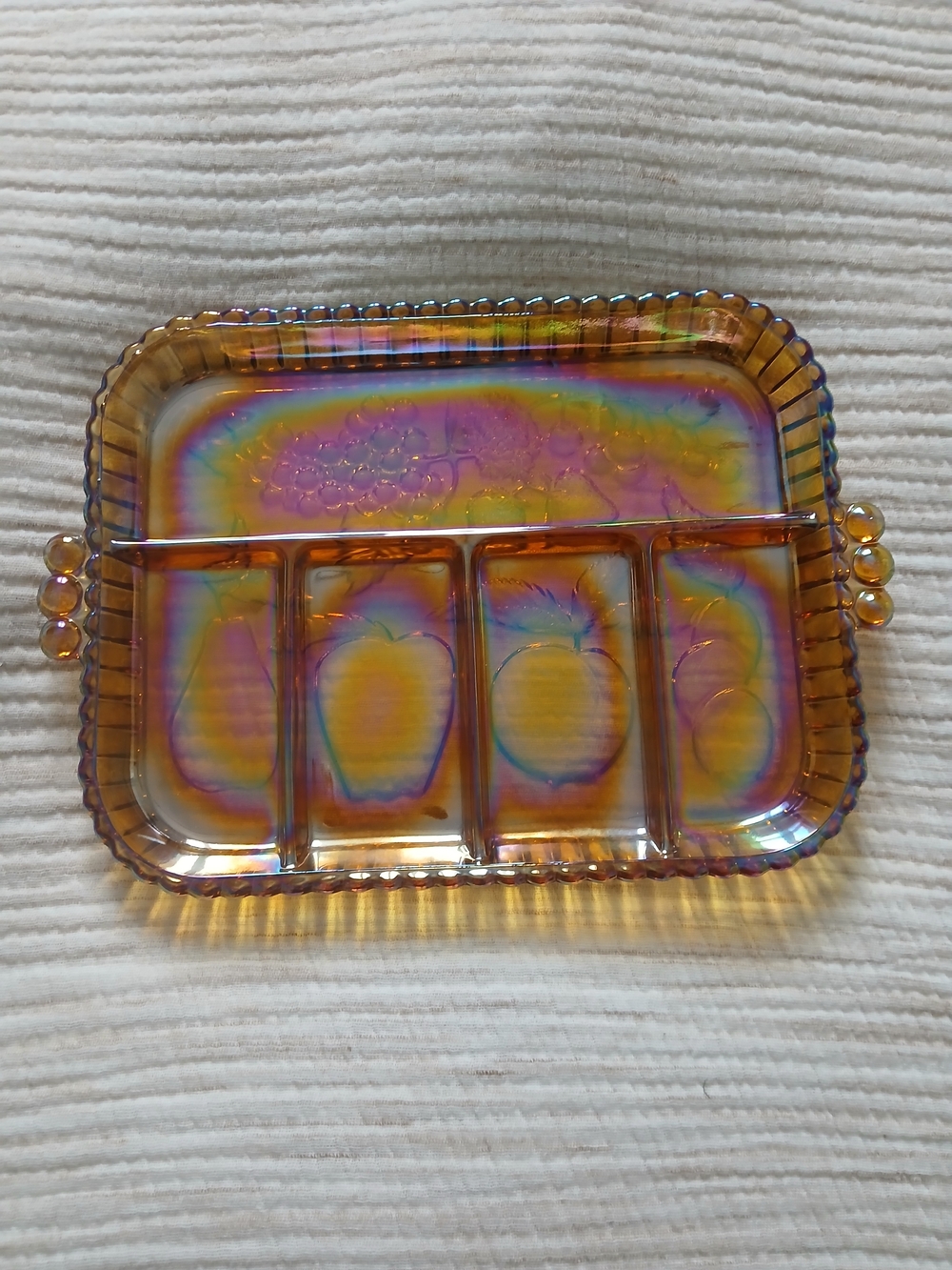 Indiana Glass Vintage Carnival Iridescent Glass Divided Serving Tray/fruit Tray